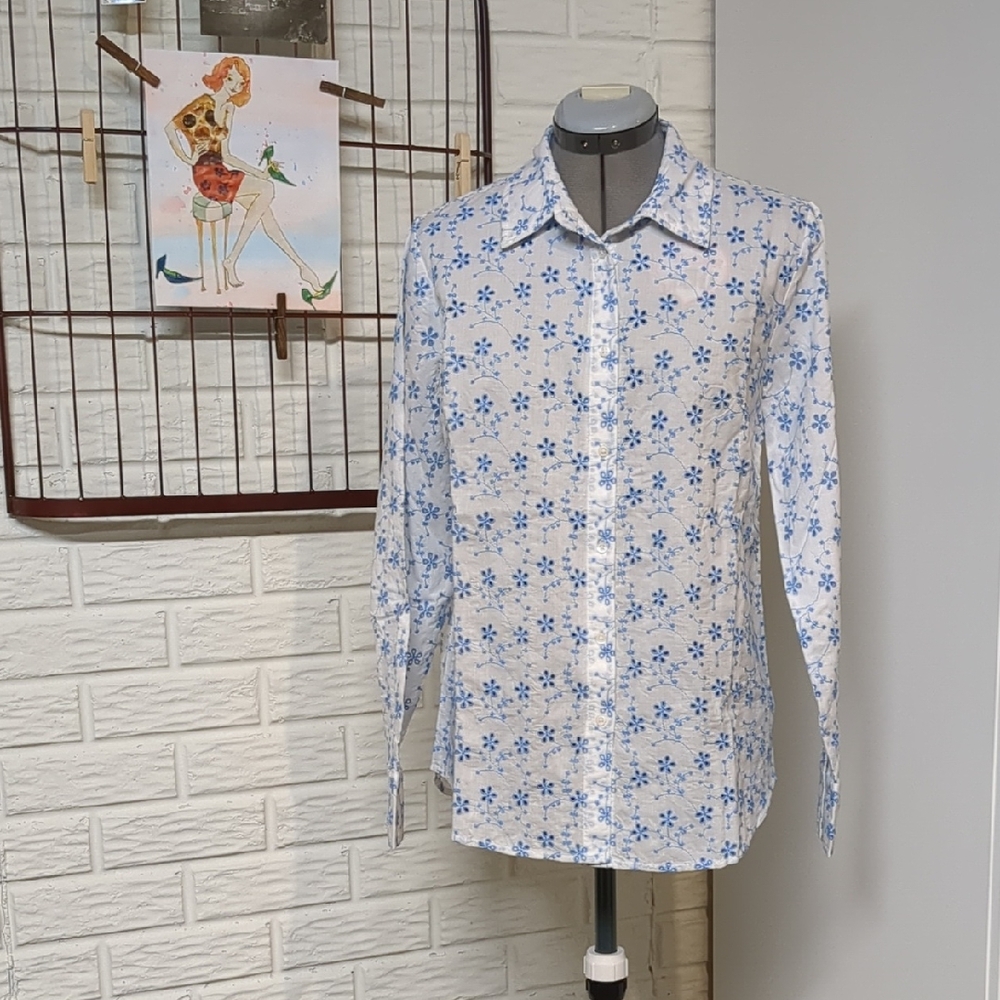 Candace Cameron Bure Blue and White Casual Button Down Shirt XS small S New